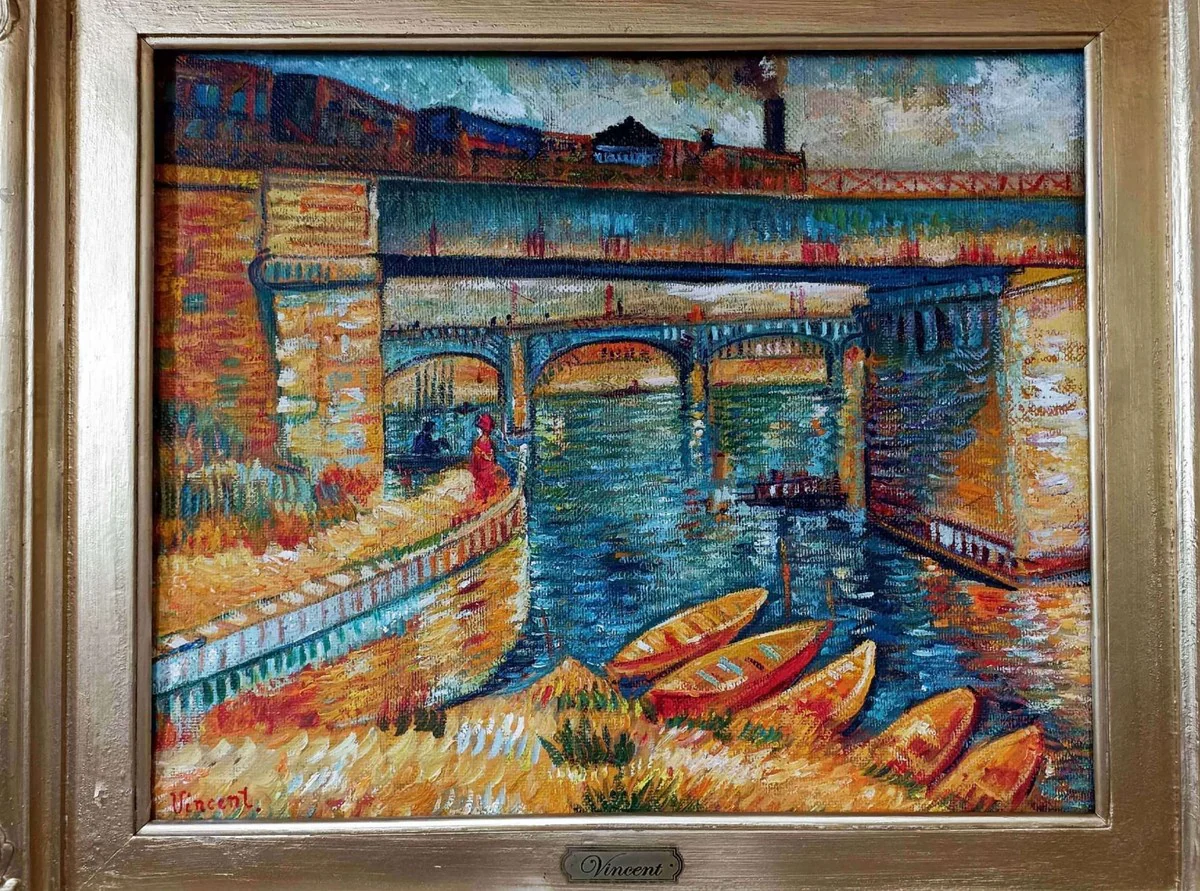 Cuadro pintura al óleo vintage según Vincent van Gogh Tren sobre Puente 82,55 x A. 76,5 cm - Pintura antigua auténtica según original - Pintada a mano
