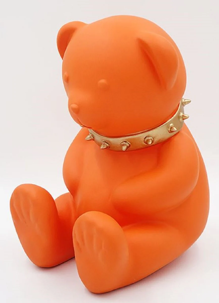 Casa Padrino figura decorativa de diseño de lujo oso de peluche con collar naranja / oro A. 31 cm - Escultura decorativa de resina - Figura decorativa de lujo - Figura decorativa de diseño