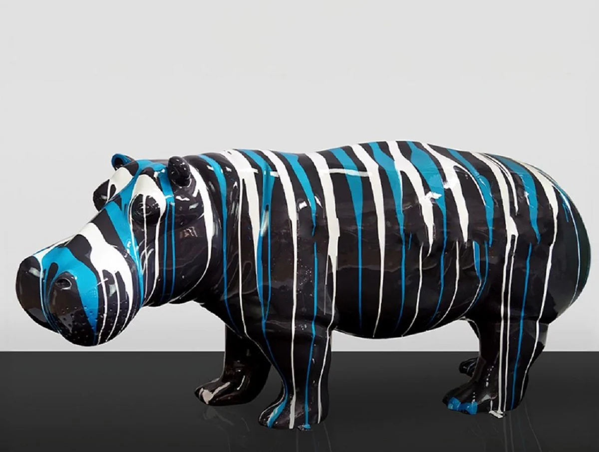 Casa Padrino escultura decorativa XXL hipop¨®tamo negro / azul / blanco 175 cm - Figura decorativa de jard¨ªn de tama?o natural