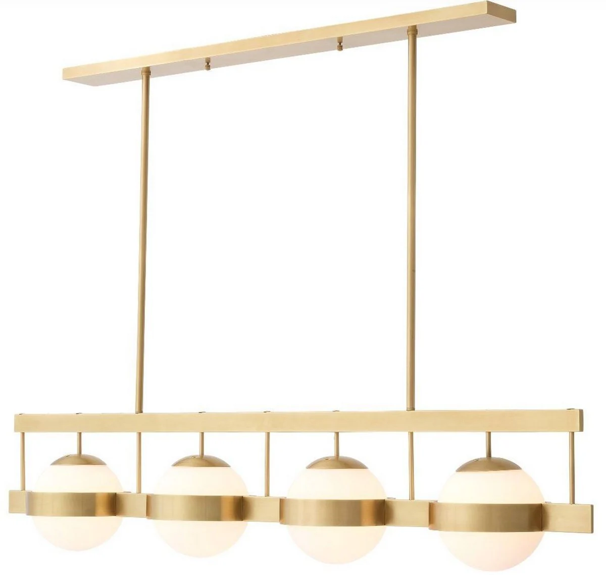 Casa Padrino lámpara de araña de lujo latón antiguo / blanco 140 x 22 x A. 30 cm - Lámpara de araña moderna de metal con pantallas redondas de vidrio - Colección de Lujo