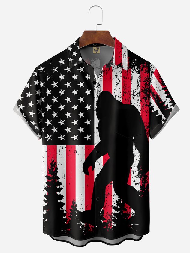 Flag Bigfoot Chest Pocket Short Sleeves Casual Shirt