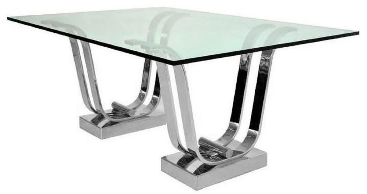 Casa Padrino mesa de comedor de lujo plata 220 x 120 x A. 75 cm - Mesa de cocina rectangular de metal con tapa de vidrio - Muebles de comedor - Muebles de cocina - Muebles de lujo