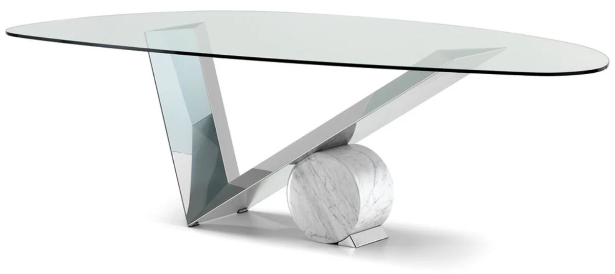 Casa Padrino mesa de comedor de dise?o plata / blanco 240 x 115 x A. 75 cm - Mesa de comedor con tapa de vidrio - Muebles de comedor modernos - Colecci¨®n de Lujo