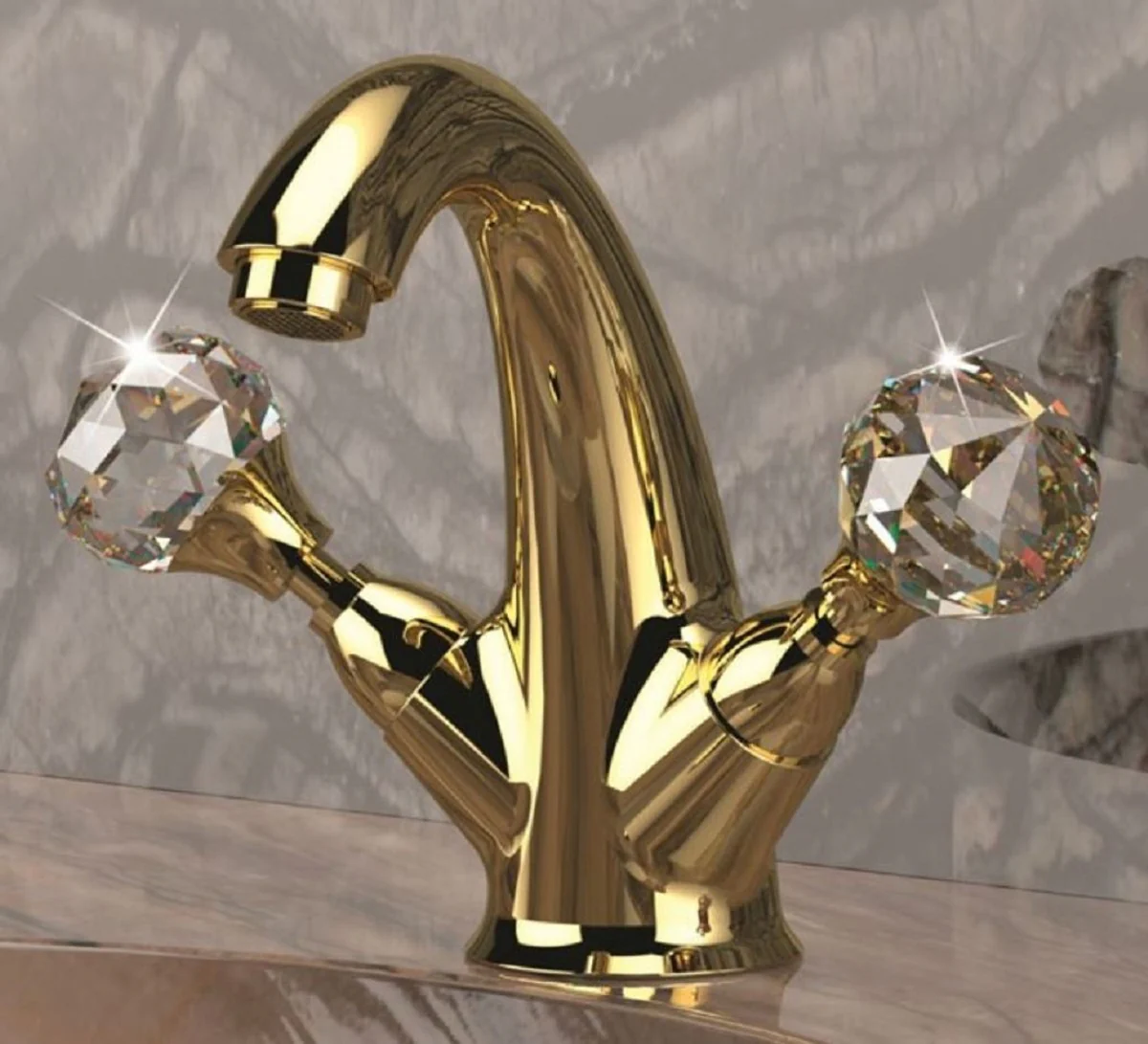 Casa Padrino mezclador de lavabo de lujo con cristal Swarovski oro A. 15 cm - Mezclador monomando con vaciador - Accesorios de baño de lujo - Hecho en Italia