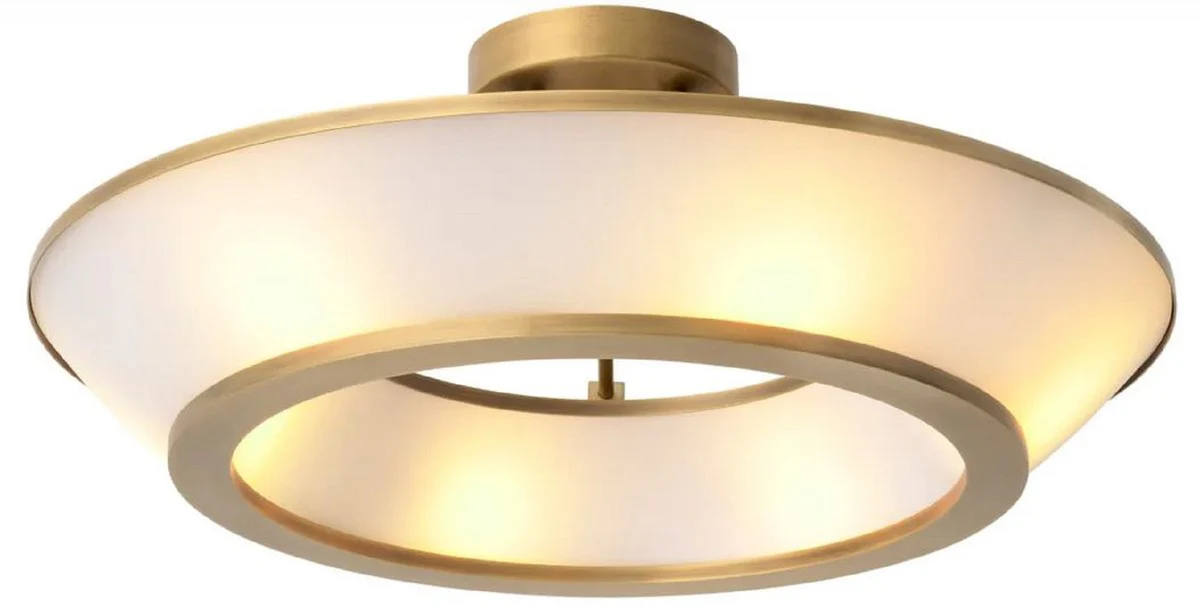 Casa Padrino lámpara de techo de lujo latón antiguo / blanco Ø 61 x A. 21,5 cm - Lámpara de techo redonda con pantallas de vidrio - Calidad de lujo