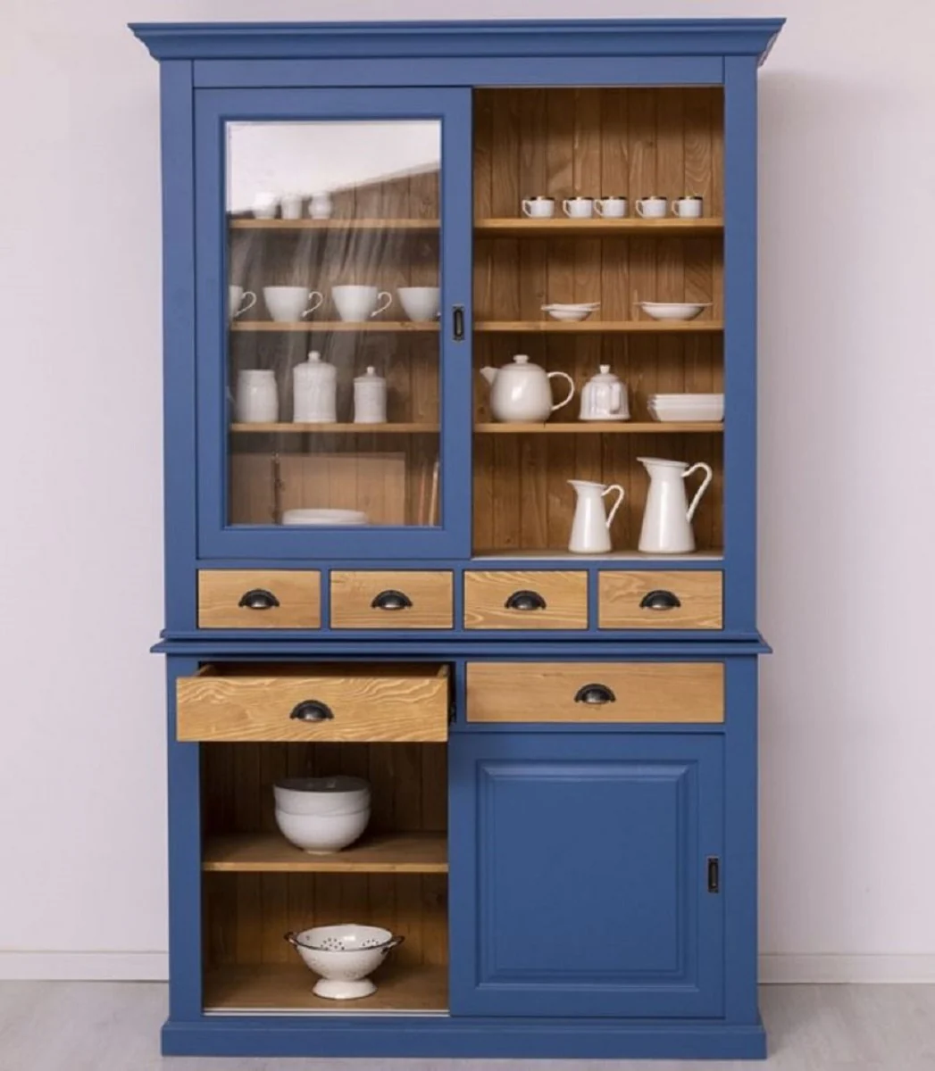 Casa Padrino armario de comedor de estilo campestre azul / natural 142 x 48 x A. 225 cm - Armario de cocina de madera maciza - Muebles de comedor de estilo campestre