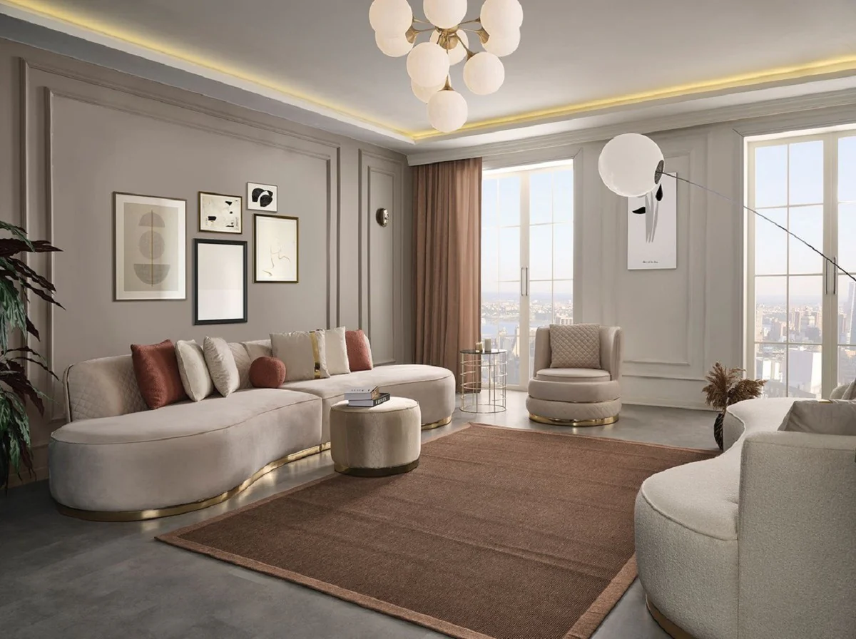 Casa Padrino Conjunto de Sal¨®n de Lujo Crema / Oro - 2 Sof¨¢s de Lujo y 1 Sill¨®n Giratorio de Lujo y 1 Taburete de Lujo - Muebles de Sal¨®n - Muebles de Lujo - Interiores de Lujo