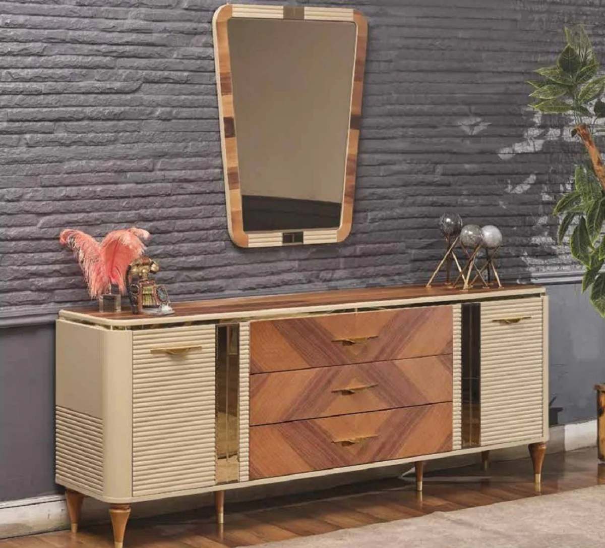 Casa Padrino aparador Art Deco de lujo beige / marr¨®n / oro 200 x 42 x A. 72 cm - Gabinete noble de madera maciza con 2 puertas y 3 cajones - Muebles Art Deco - Muebles de lujo