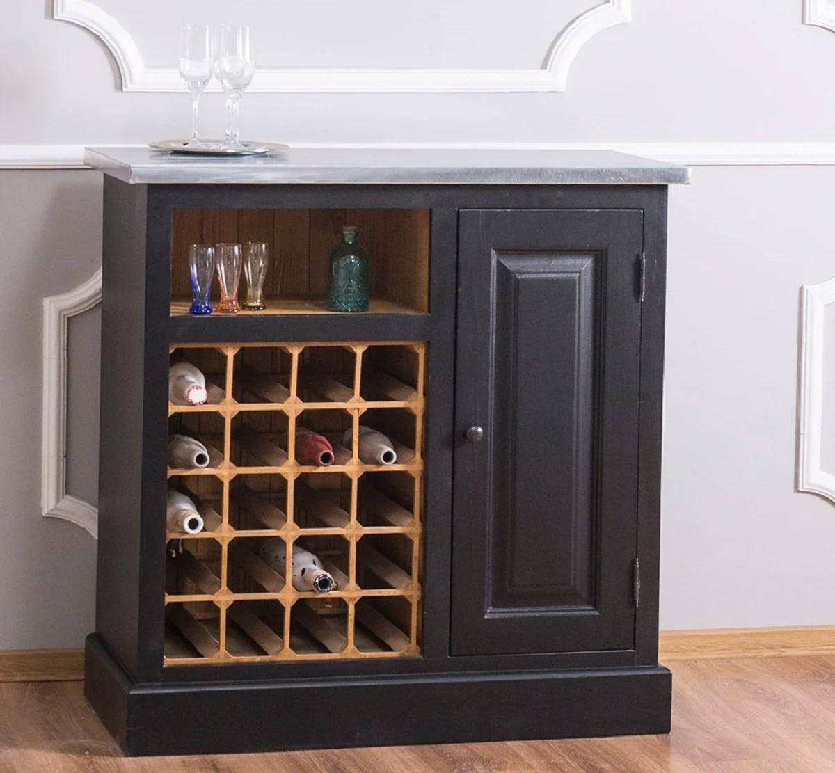 Casa Padrino gabinete de vino de estilo campestre negro / natural / plata 90 x 41 x H. 90 cm - Vinoteca con Puerta y Tapa Galvanizada