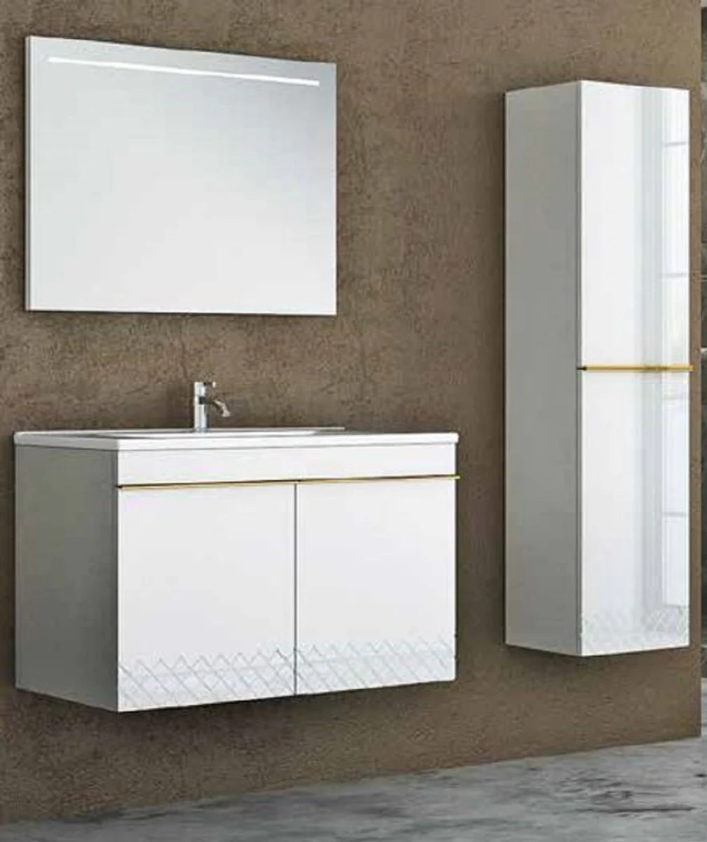 Casa Padrino Conjunto de Baño de Lujo Blanco / Oro - 1 Mesa de Lavado y 1 Lavado y 1 Espejo de Pared LED y 1 Gabinete Colgante - Colección de Lujo