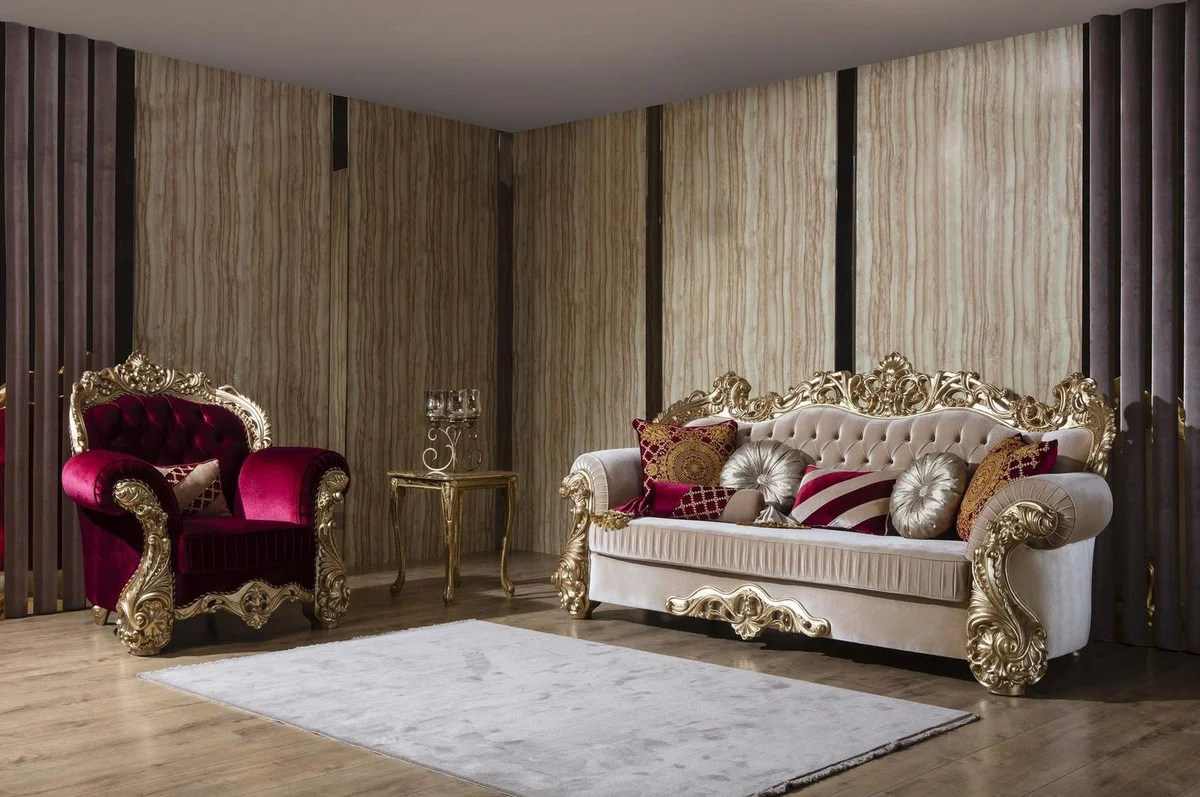 Casa Padrino sof¨¢ barroco de lujo beige / oro 244 x 95 x A. 123 cm - Magn¨ªfico sof¨¢ de sal¨®n con cojines decorativos - Muebles de sal¨®n barrocos