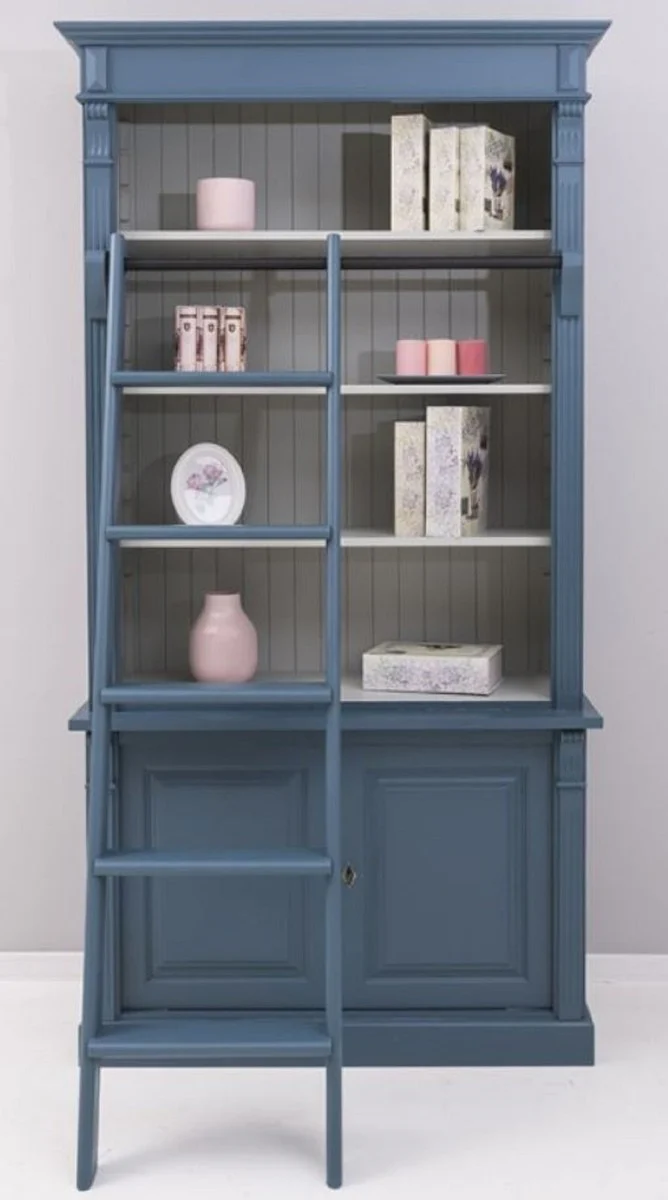 Casa Padrino armario de libros de estilo campestre con escalera azul / gris 120 x 51 x A. 228 cm - Armario de Sala de Estar de Madera Maciza - Armario de Oficina - Muebles de Estilo Campestre