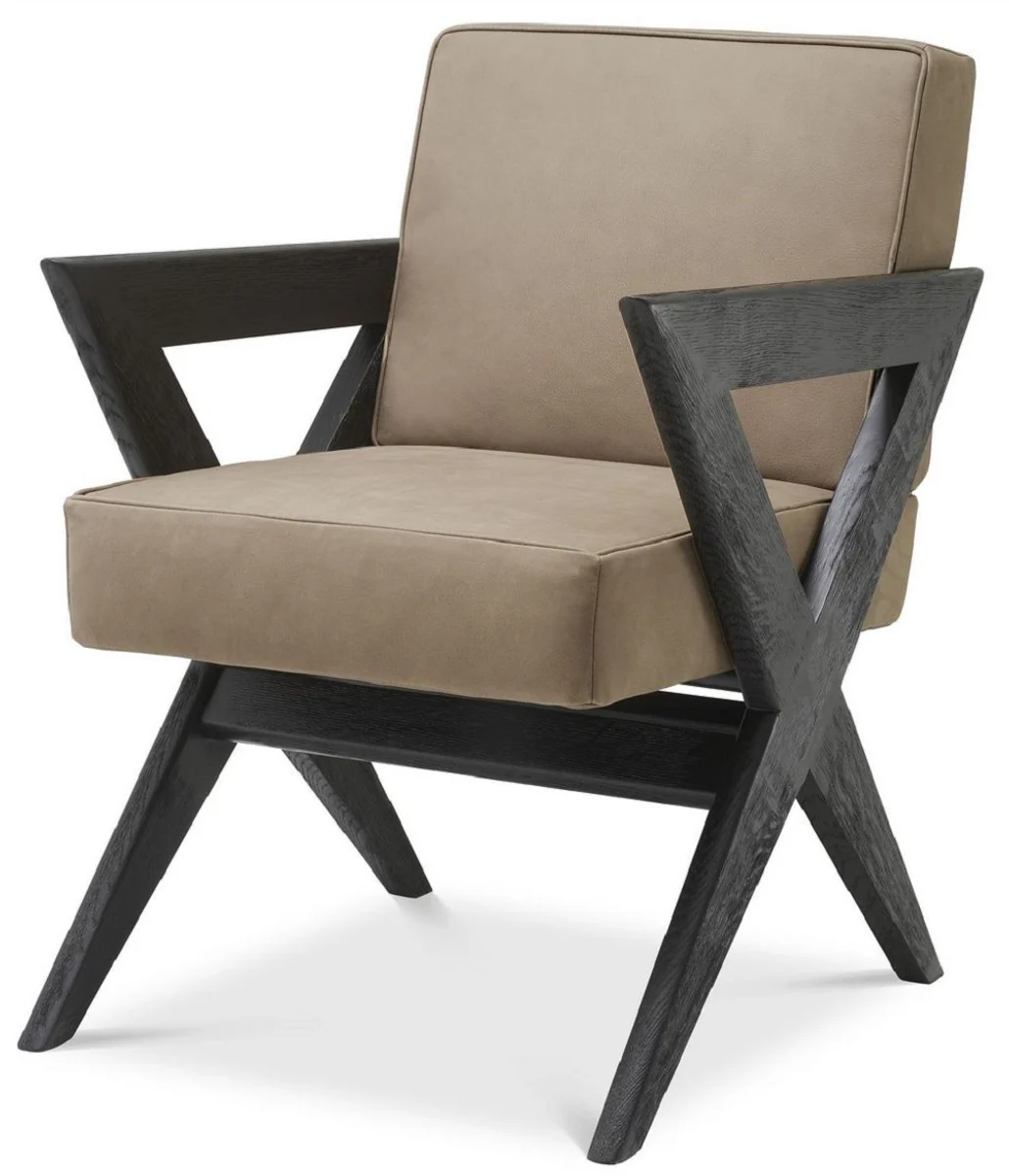 Casa Padrino silla de comedor de piel genuina de lujo con reposabrazos beige / negro 59 x 74 x A. 88 cm - Silla de cocina con cuero de b¨²falo nobuck fino - Muebles de comedor de lujo