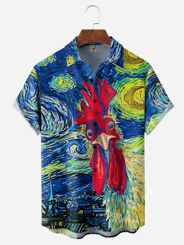 Rooster Chest Pocket Short Sleeve Casual Shirt
