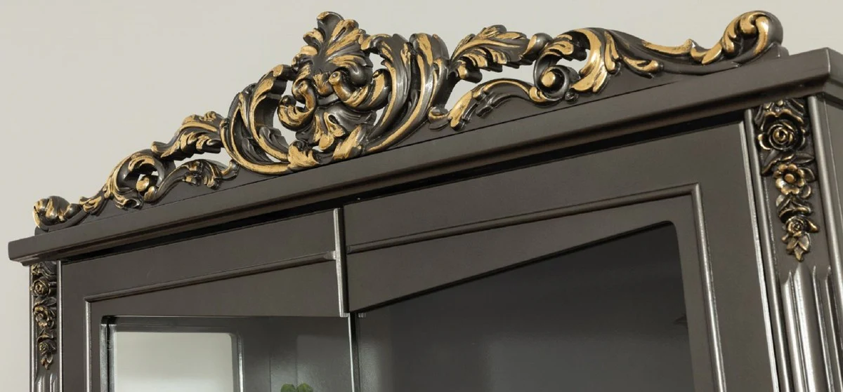 Casa Padrino vitrina de sal¨®n barroco de lujo gris / oro 130 x 55 x A. 210 cm - Magn¨ªfica vitrina barroco con 2 puertas de vidrio - Muebles Barrocos Nobles