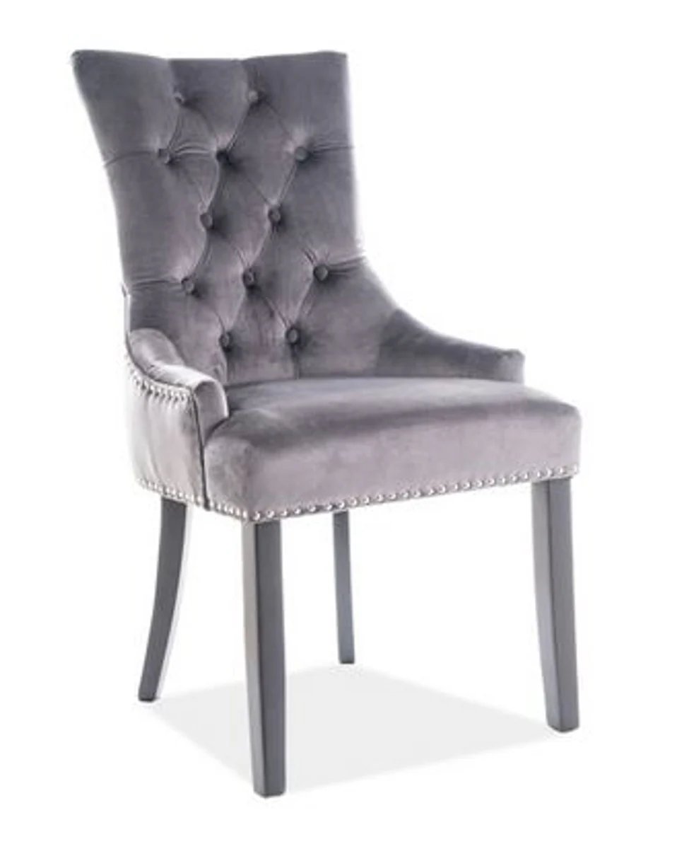 Silla de comedor Chesterfield de lujo Casa Padrino gris / plateado / negro - silla de cocina con tela de terciopelo - muebles de comedor