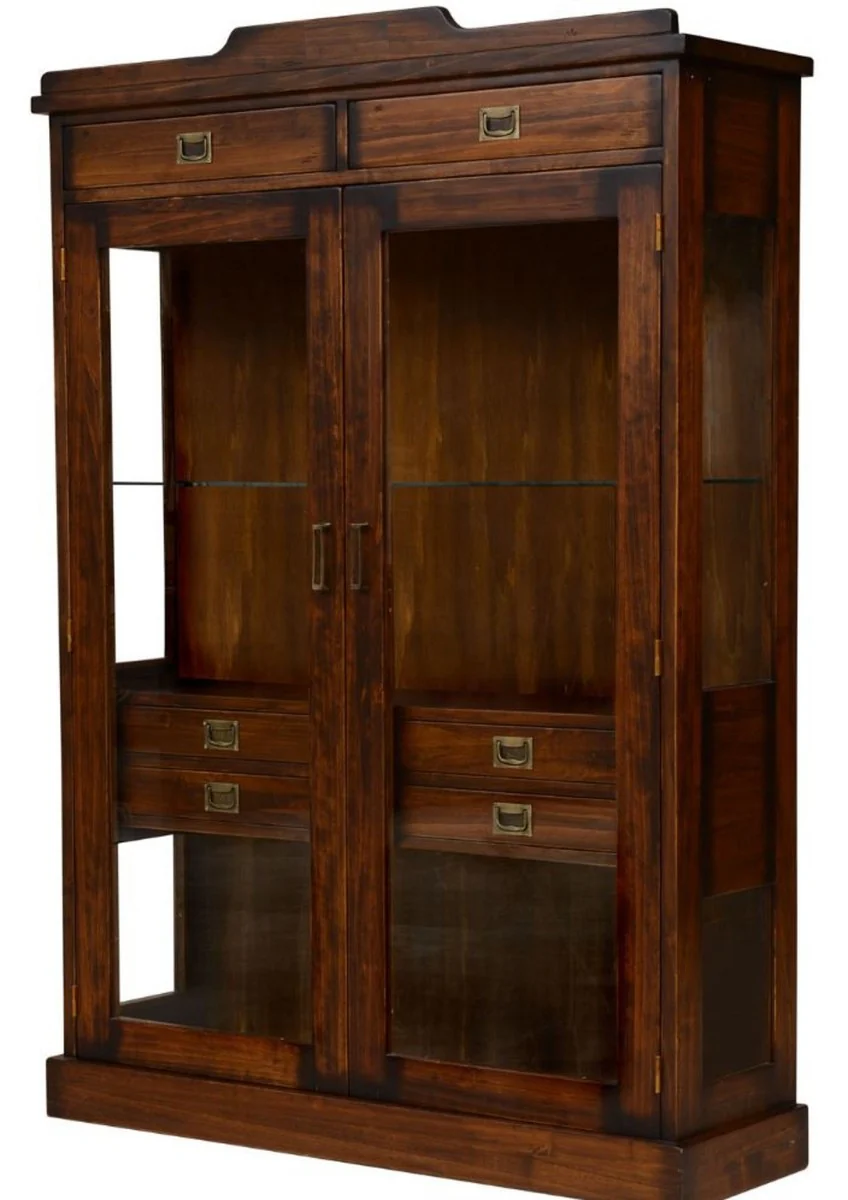 Casa Padrino vitrina de estilo vintage de lujo marrón / latón 120 x 37 x A. 171,5 cm - Vitrina de madera maciza con 2 puertas de vidrio y 6 cajones - Muebles de estilo vintage - Muebles de lujo