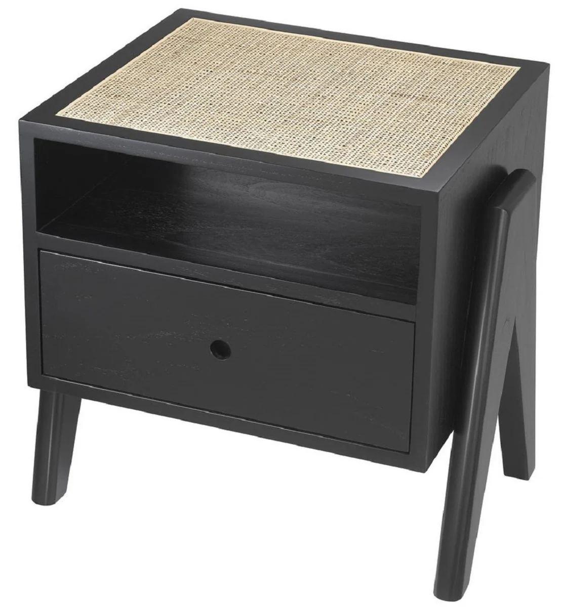 Casa Padrino mesita de noche de lujo negro / natural 58 x 45 x A. 55,5 cm - Mesa auxiliar de madera maciza con tejido de ratán - Muebles de dormitorio de lujo