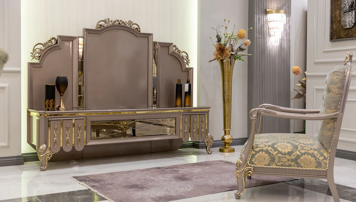 Casa Padrino gabinete de TV barroco de lujo negro / gris / oro 214 x 52 x A. 164 cm - Gabinete de madera maciza - Gabinete de sala de estar - Noble y Magn¨ªfico