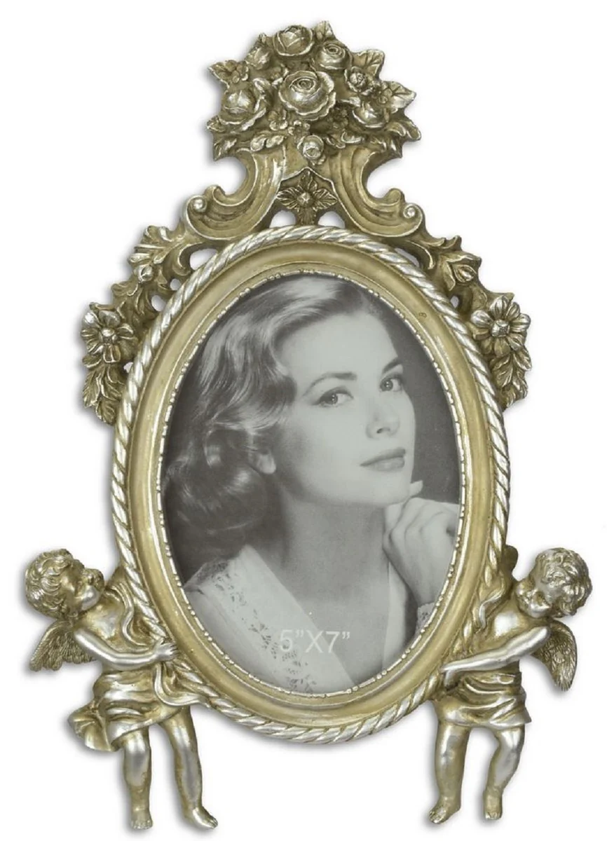 Casa Padrino marco de imagen barroco con figuras decorativas de ángel plata antigua 22,2 x H. 31,8 cm - Accesorios de Decoración Barroco