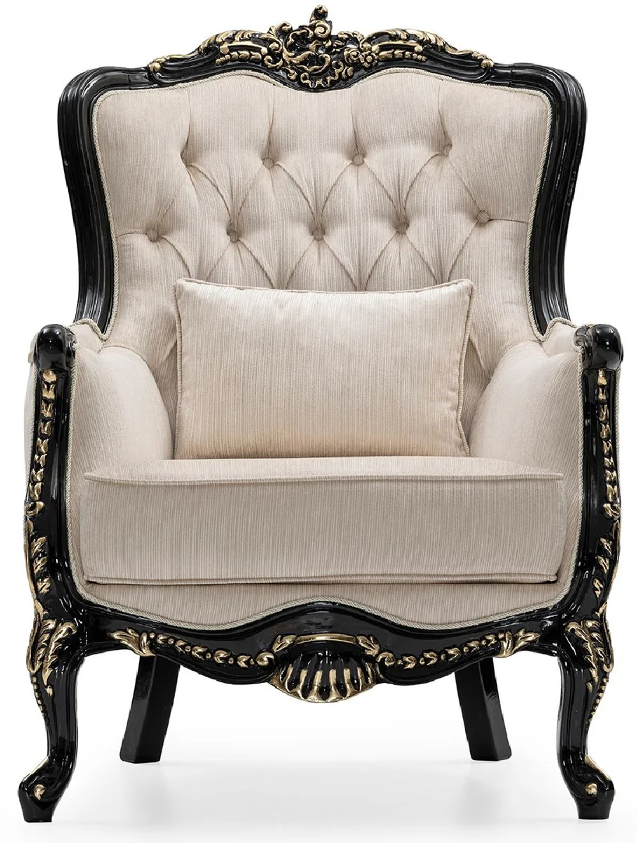 Casa Padrino sill¨®n de sal¨®n barroco de lujo crema / negro / oro - Sill¨®n de estilo barroco hecho a mano con coj¨ªn decorativo - Muebles de sal¨®n de lujo en estilo barroco - Muebles barrocos