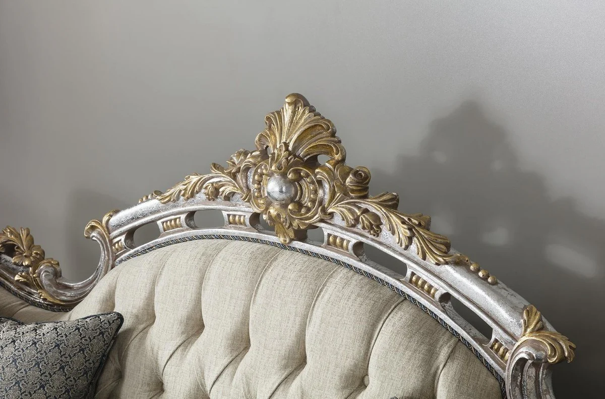 Casa Padrino sof¨¢ de sal¨®n barroco de lujo con cojines decorativos crema / azul / plata / oro 250 x 95 x A. 125 cm - Noble & Magn¨ªfico