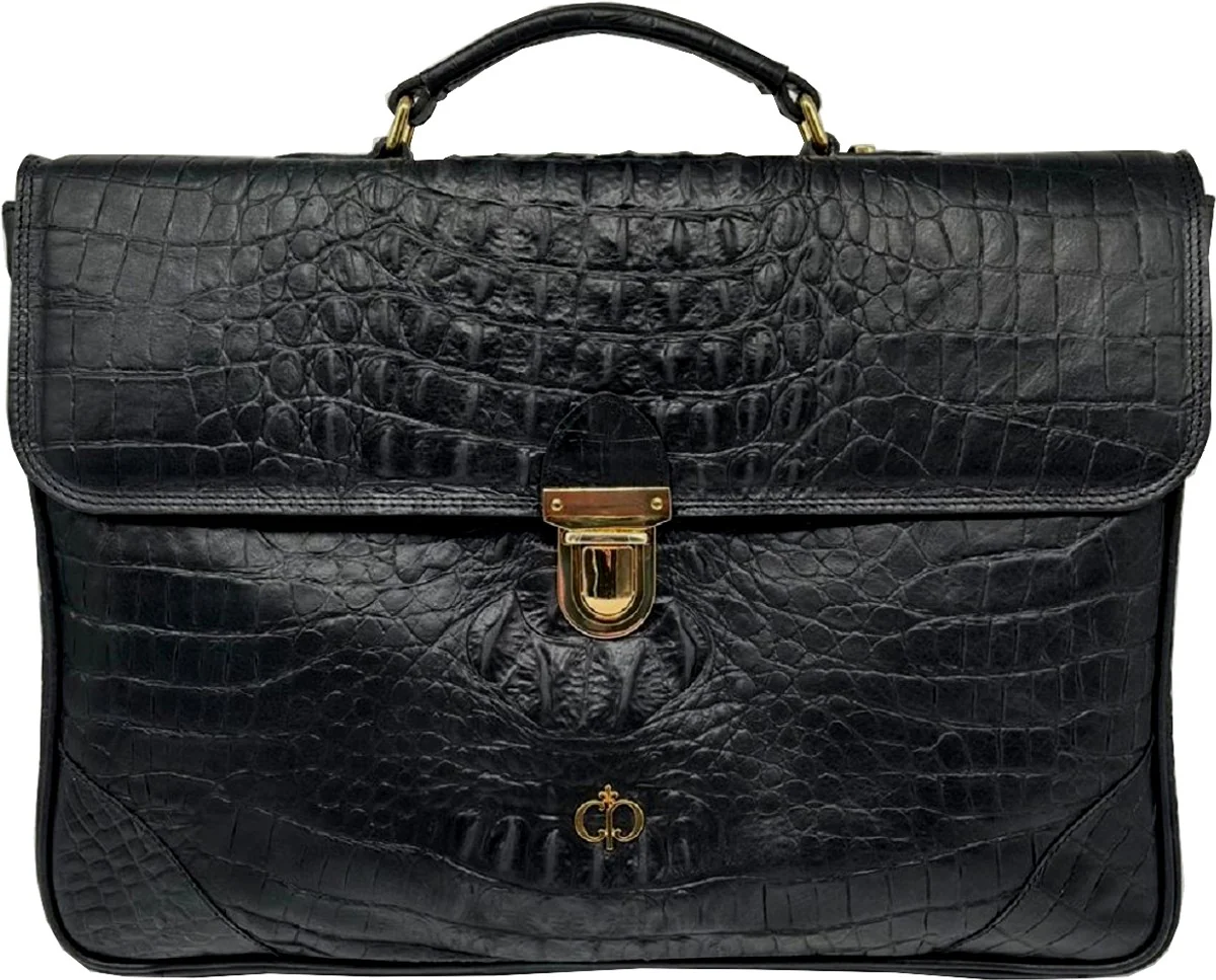 Casa Padrino malet¨ªn de lujo para hombre de cuero genuino con aspecto de cocodrilo negro / oro 42 cm - Hecho en Italia