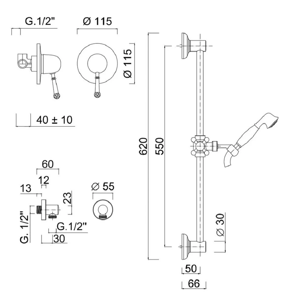 Casa Padrino conjunto de grifos de ducha de lujo con cristal Swarovski plata - Mezclador Monomando con Barra de Ducha y Ducha de Mano - Conjunto de Ducha para Baño