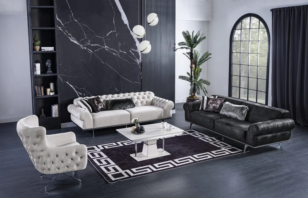 Casa Padrino Conjunto de Sala de Estar Art Deco Chesterfield de Lujo - 2 Sof¨¢s y 2 Sillones Giratorios y 1 Mesa de Centro - Muebles de Sala Noble Art Deco