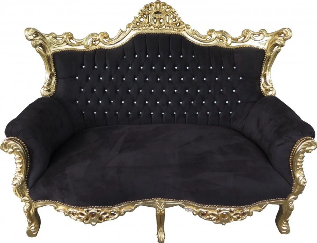 Casa Padrino Baroque 2-seater sofa Master Black / Gold with Bling Bling rhinestones - Antique furniture