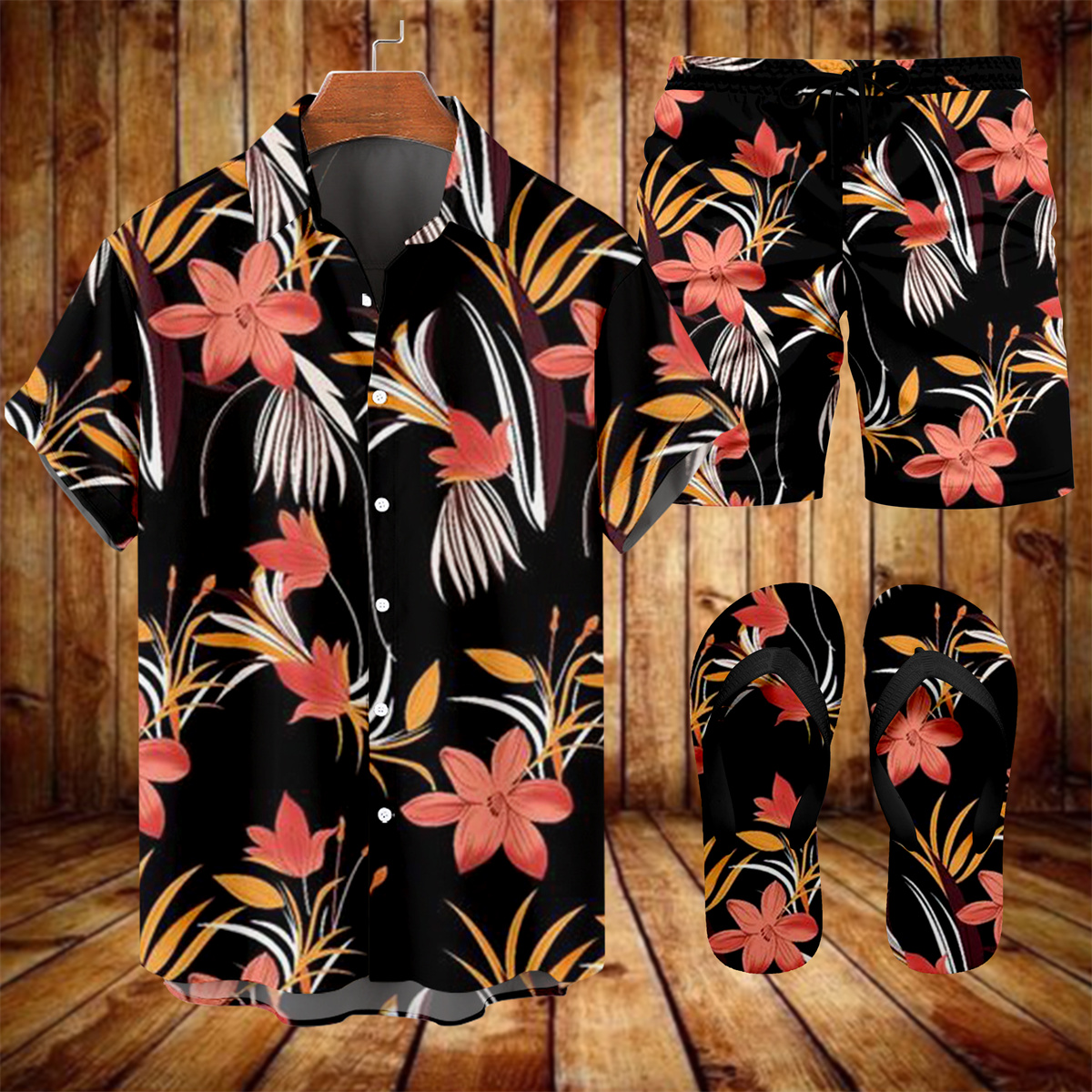 Suitmens Men's Tiki Party Hawaiian Vacation Print Three-Piece Set 014