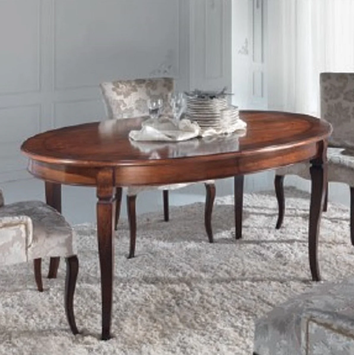 Casa Padrino mesa de comedor barroco de lujo marr¨®n oscuro marqueter¨ªa - Mesa de comedor extensible ovalada de estilo barroco - Muebles de comedor barrocos - Calidad de Lujo - Hecho en Italia