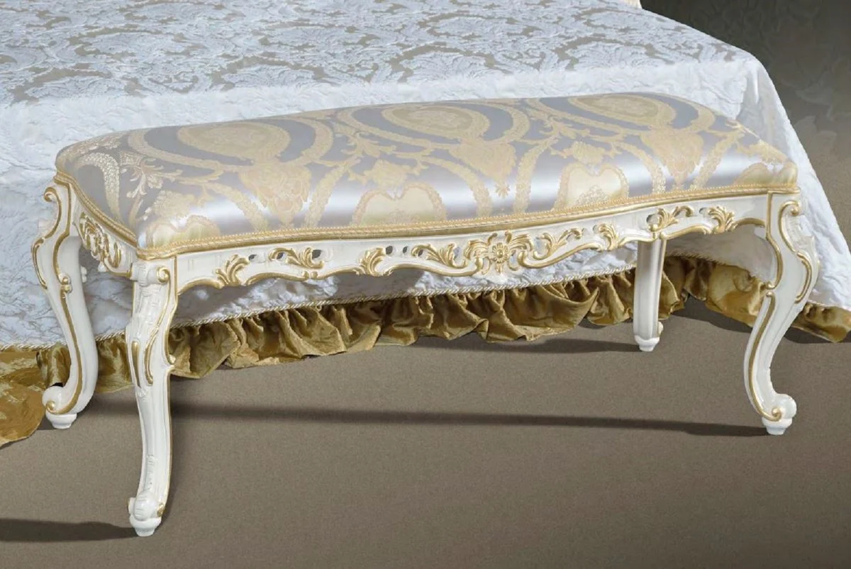 Casa Padrino banco barroco de lujo plata / blanco / oro - Magnífico banco de madera maciza de estilo barroco - Muebles barrocos hechos a mano - Calidad de Primera Clase - Hecho en Italia