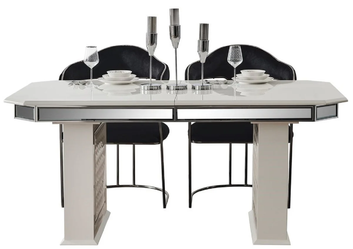 Casa Padrino conjunto de comedor Art Deco de lujo negro / blanco / bronce - 1 Mesa de Comedor Extensible y 6 Sillas de Comedor con Reposabrazos - Muebles de comedor - Muebles Art Deco de lujo