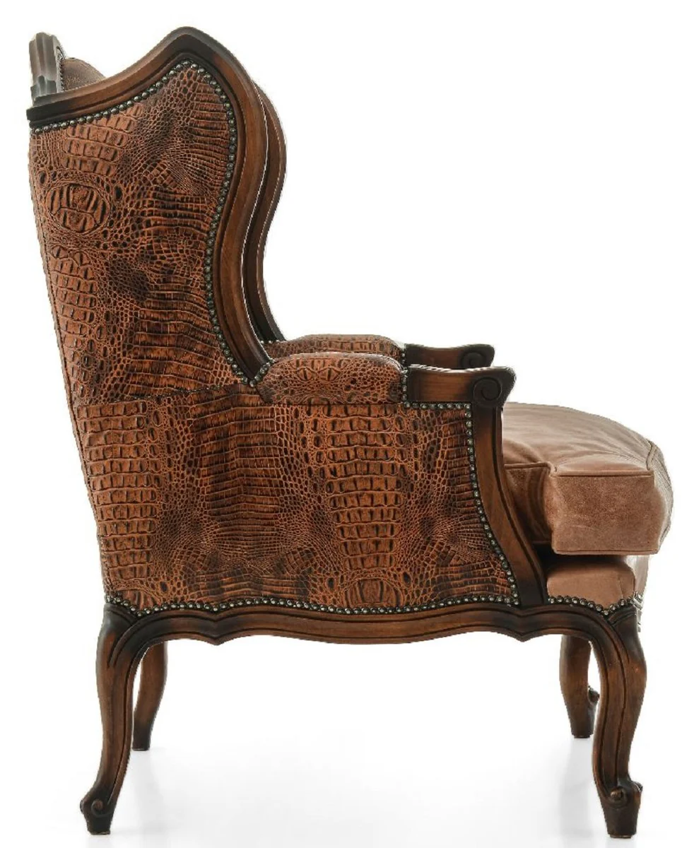 Casa Padrino sill¨®n orejero de cuero barroco de lujo marr¨®n - Sill¨®n de sal¨®n estilo barroco hecho a mano de cuero genuino - Muebles de sal¨®n de lujo en estilo barroco - Muebles de cuero barroco