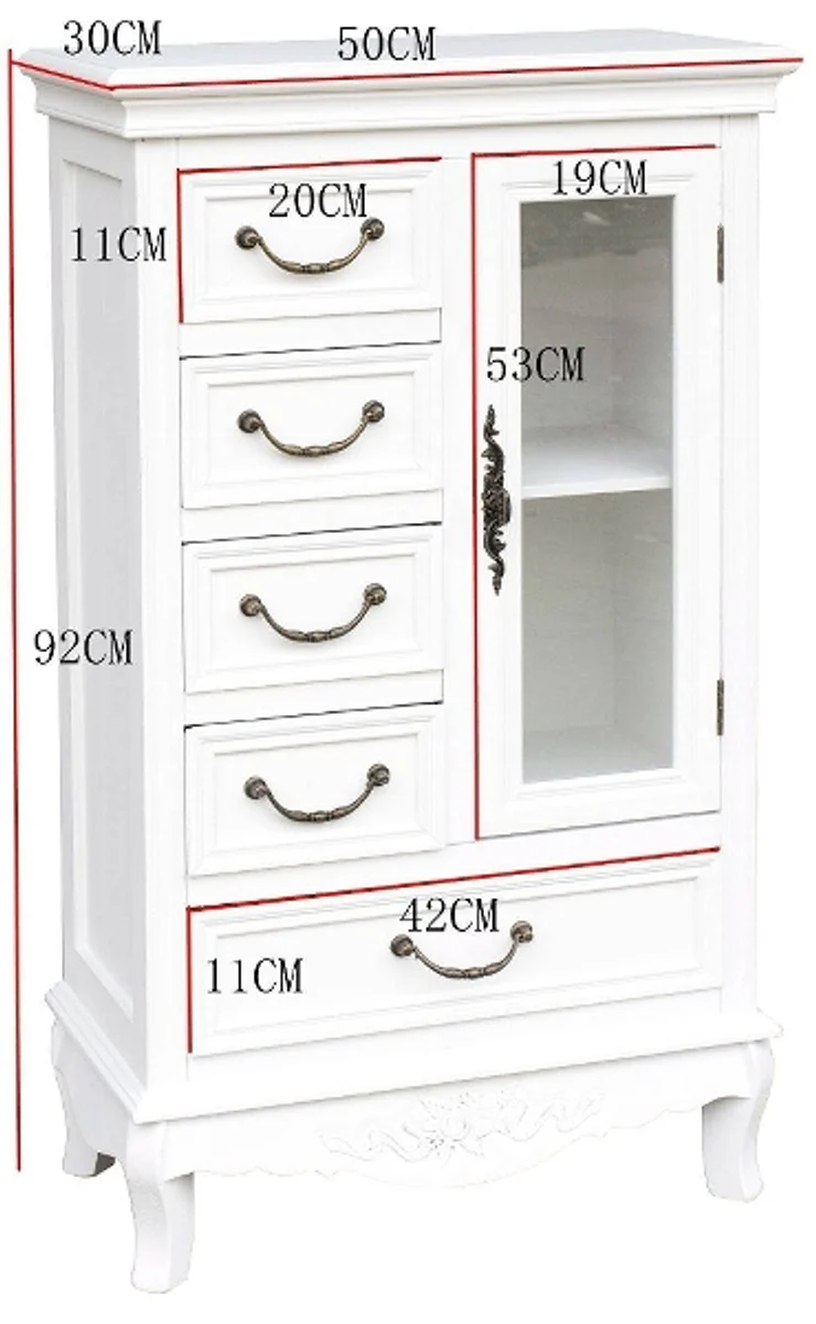 Casa Padrino country style cabinet with door and 5 drawers white 50 x 30 x H. 92 cm - Handcrafted Small Living Room Cabinet in Country Style