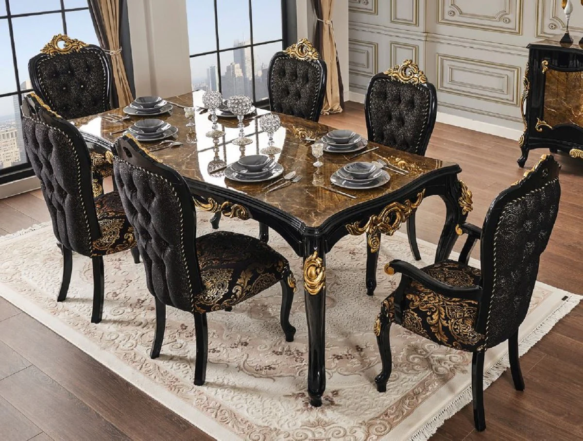 Casa Padrino mesa de comedor barroco de lujo marr¨®n / negro / oro 210 x 100 x A. 82 cm - Magn¨ªfica mesa de comedor de madera maciza con tablero en aspecto de m¨¢rmol - Muebles de comedor barrocos