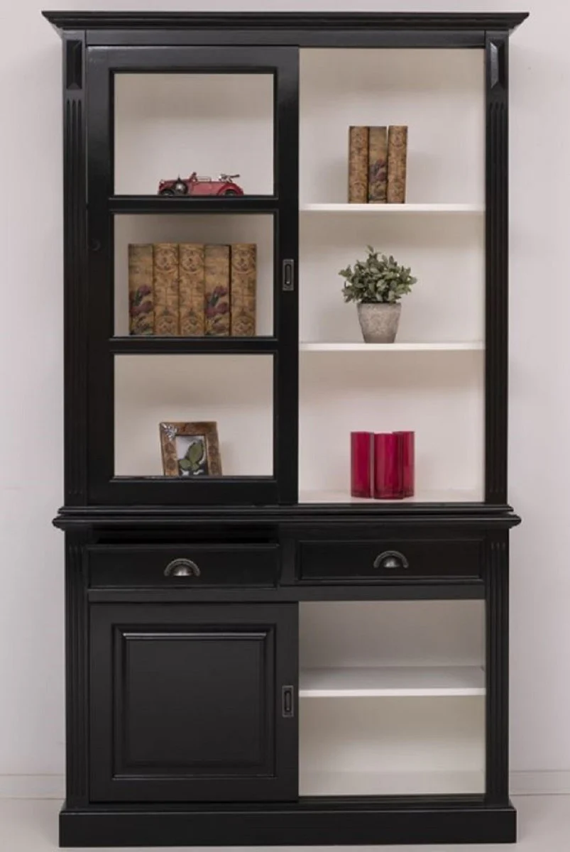 Casa Padrino armario de estilo campestre negro / blanco 128 x 51 x A. 220 cm - Vitrina de madera maciza con 4 puertas correderas y 2 cajones - Mueble de estilo campestre de madera maciza