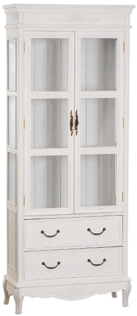 Casa Padrino Country Style Display Cabinet Antique White 70 x 31 x H. 177 cm - Handmade Shabby Chic Showcase with 2 Glass Doors and 2 Drawers