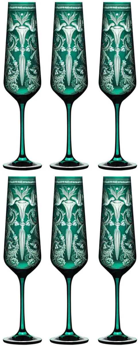 Casa Padrino conjunto de 6 copas de champ¨¢n de lujo verde / plata ? 6,5 x A. 26,5 cm - Copas de champ¨¢n hechas a mano y grabado a mano - Accesorios para Hoteles y Restaurantes - Calidad de Lujo