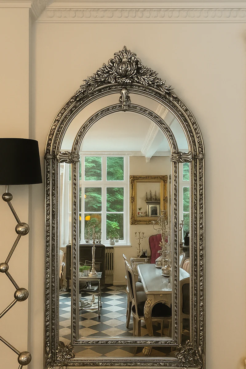 Espejo Barroco Casa Padrino Plateado - Espejo de Pared de Estilo Barroco - Espejo de Armario Barroco Artesanal