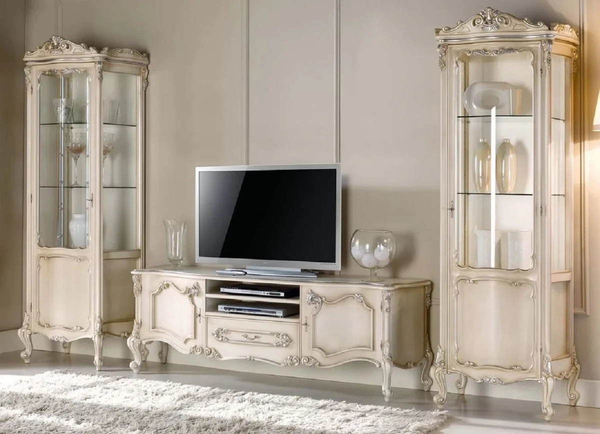 Casa Padrino Conjunto de Sal¨®n Barroco de Lujo Crema / Plata - 1 Gabinete de TV Barroco y 2 Vitrinas Barrocos - Muebles de Sal¨®n y Hotel Barrocos - Calidad de Lujo - Hecho en Italia