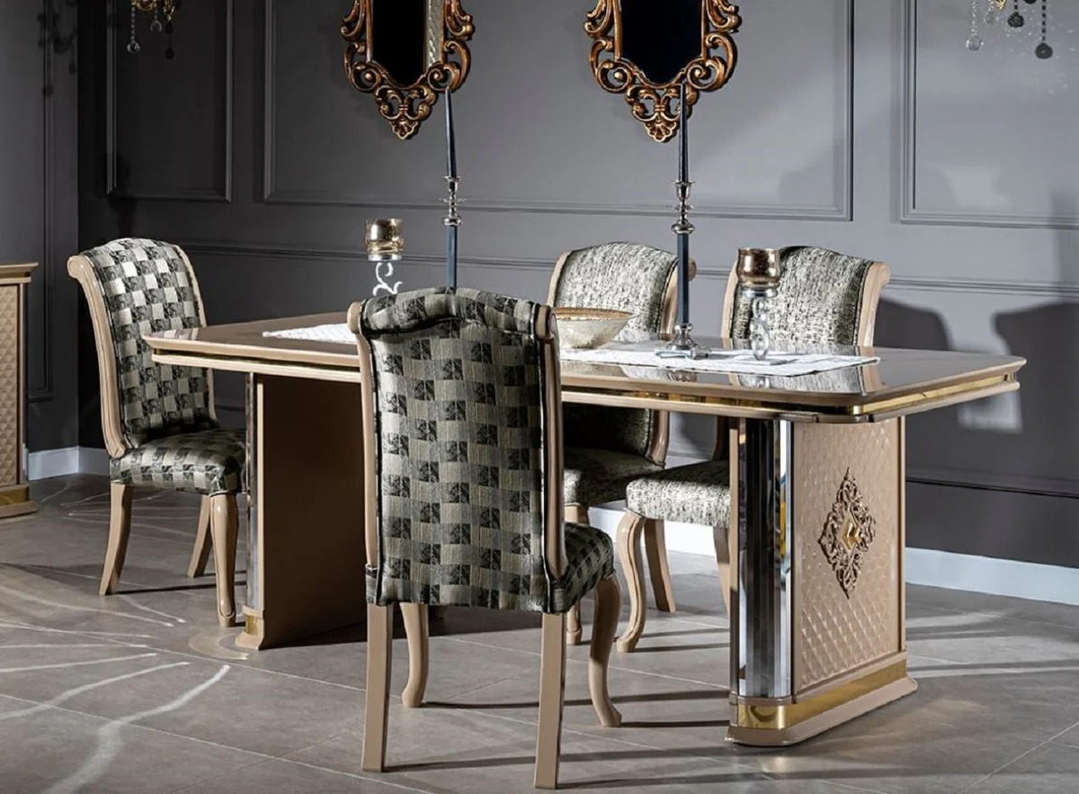 Casa Padrino Conjunto de Comedor Art D¨¦co de Lujo Beige / Oro - 1 Mesa de Comedor y 6 Sillas de Comedor - Muebles de Comedor Art D¨¦co Hechos a Mano