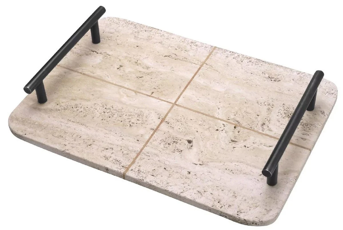 Casa Padrino bandeja de servir de lujo beige / bronce 48 x 34 x A. 8 cm - Bandeja rectangular de piedra natural travertino con asas - Accesorios Gastronom¨ªa y Restauraci¨®n - Accesorios de Lujo