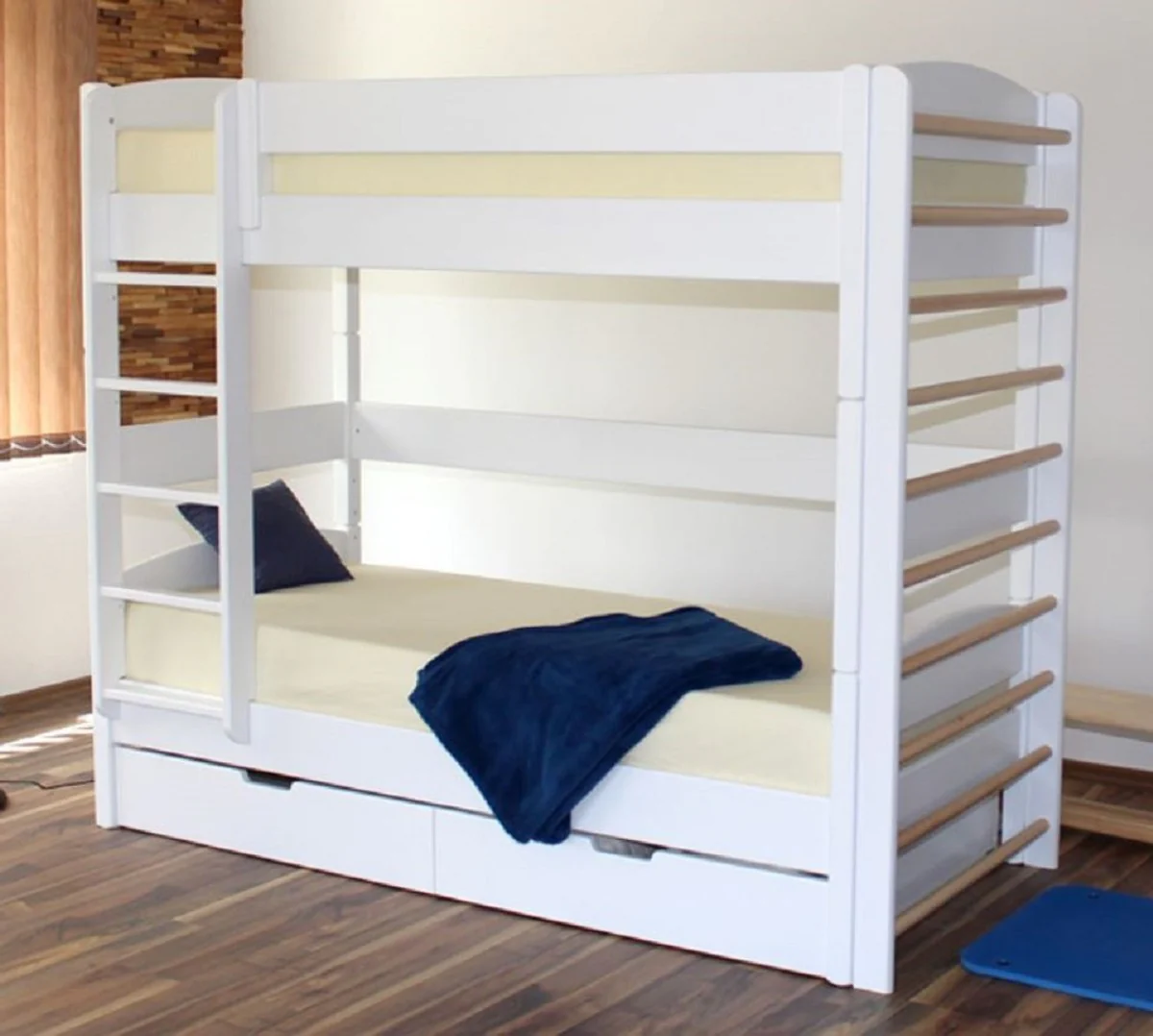 Casa Padrino litera para niños de lujo blanco / natural 211 x 98 x A. 185 cm - Cama infantil multifuncional con escalera y barras de pared - Muebles para la habitación de los niños