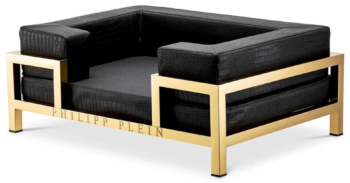 Philipp Plein cama para perros de cuero de diseño de lujo negro / oro A. 84 cm