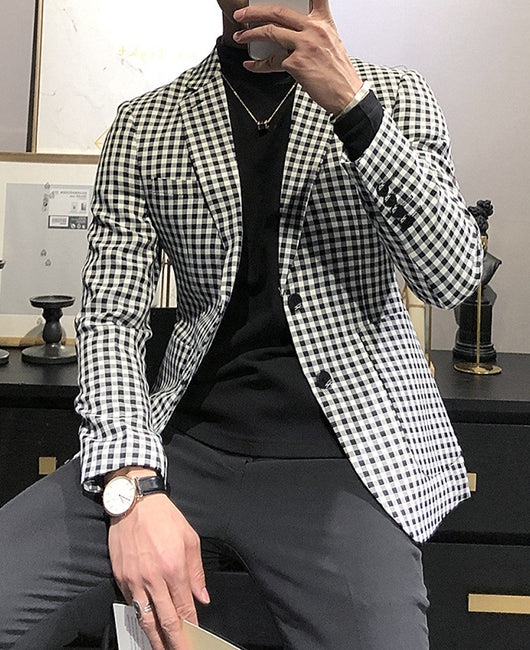 Dressy Plaid Print Button Decor Blazer