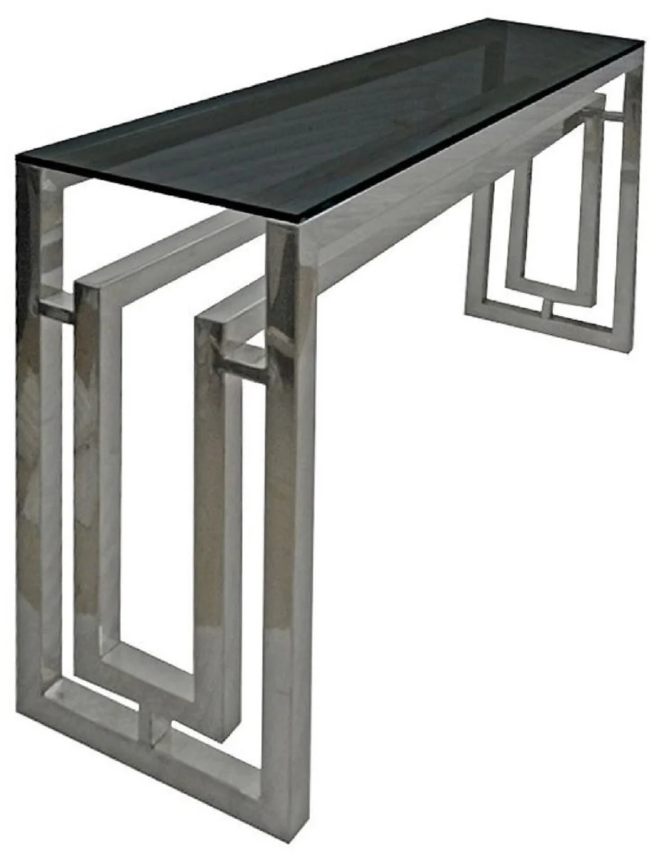 Casa Padrino consola de lujo plata / negro 150 x 38 x A. 75 cm - Mesa consola de metal con tapa de vidrio - Muebles de sal¨®n - Muebles de lujo