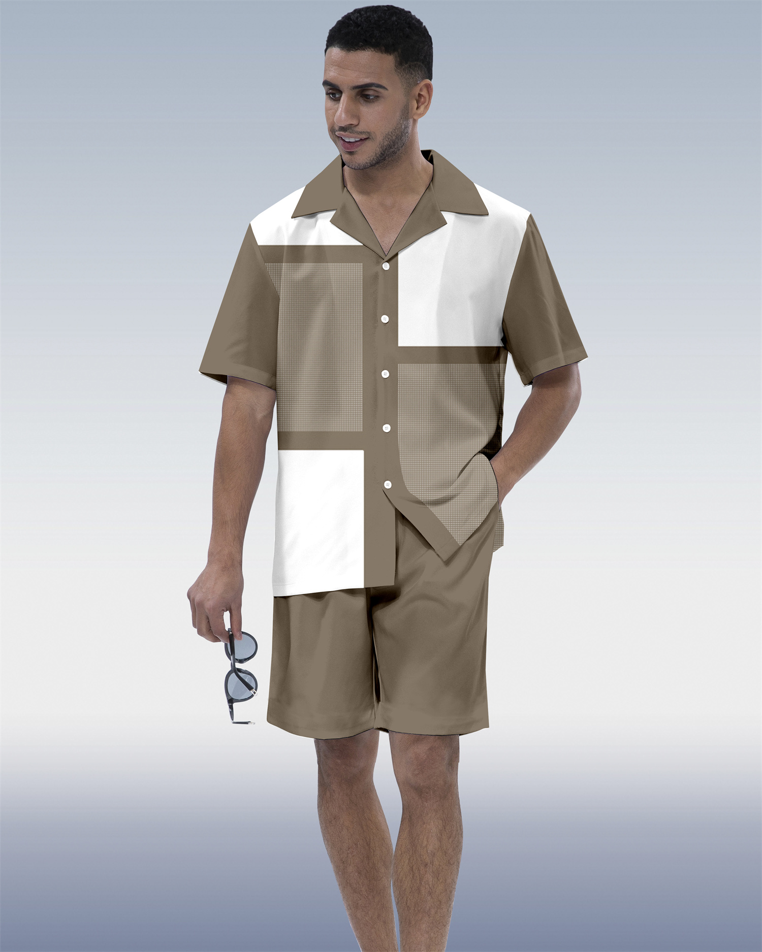 Suitmens Men's Hawaiian Vacation Plaid Print Short Sleeve Set 118