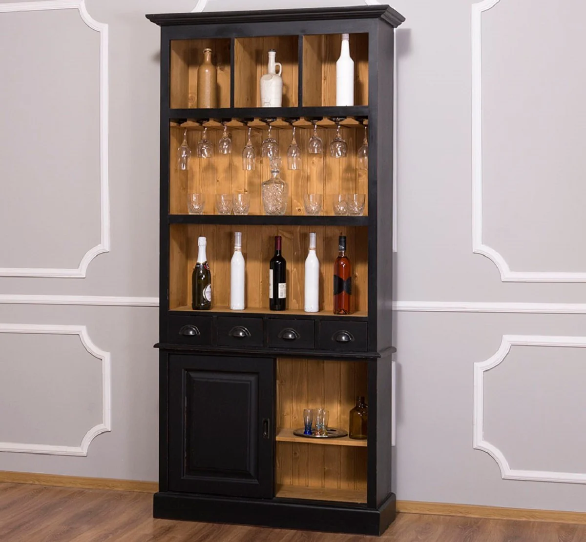 Casa Padrino gabinete de vino de estilo campestre negro / natural 103 x 36 x H. 210 cm - Gabinete de Bar en Estilo Campestre